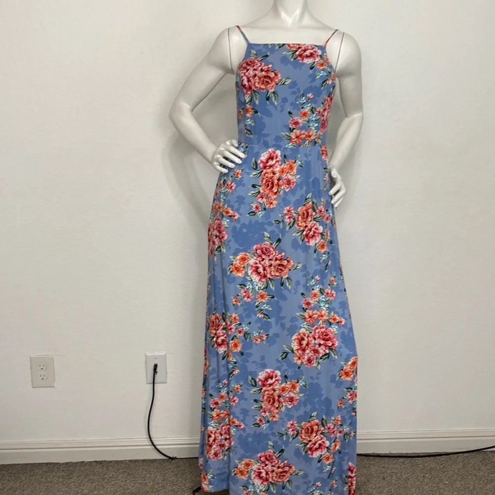 Band Of Gypsies Blue Red Bohemian Floral Square Neck Romantic Maxi Dress Size S